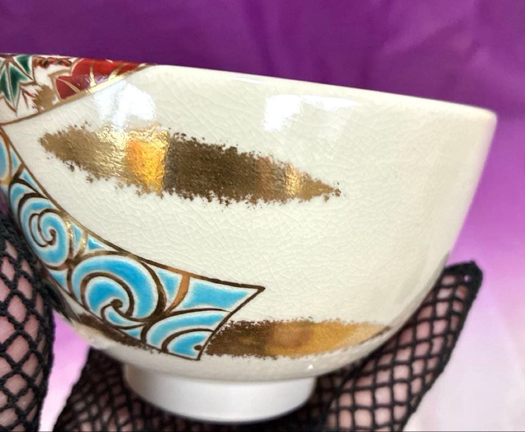 【茶道具】色絵　束熨斗『雄峰作』✨豪華絢爛✨三点揃　（茶碗・振出・茶巾筒）共箱