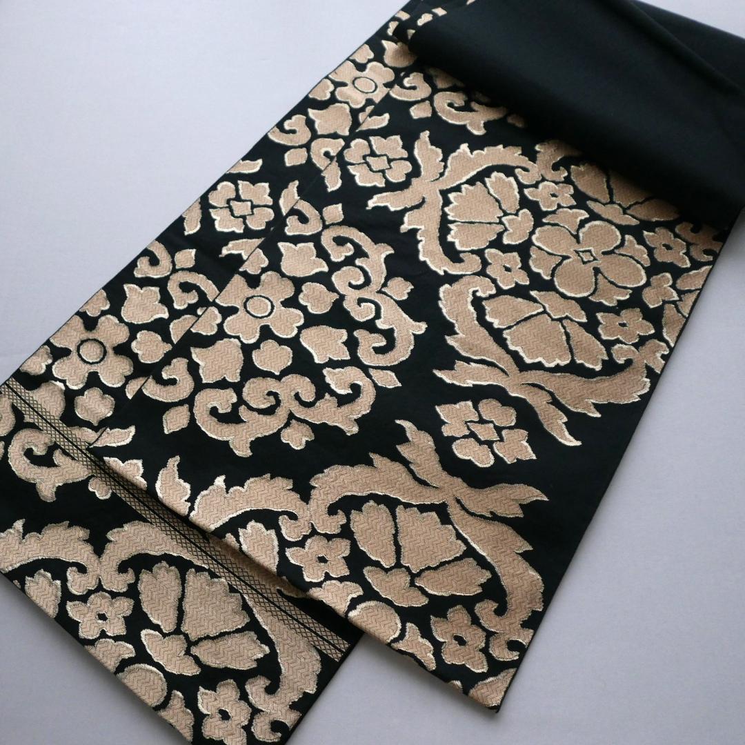 黒色 金糸☆六通 袋帯☆正絹☆更紗花唐草文☆金襴☆西陣織