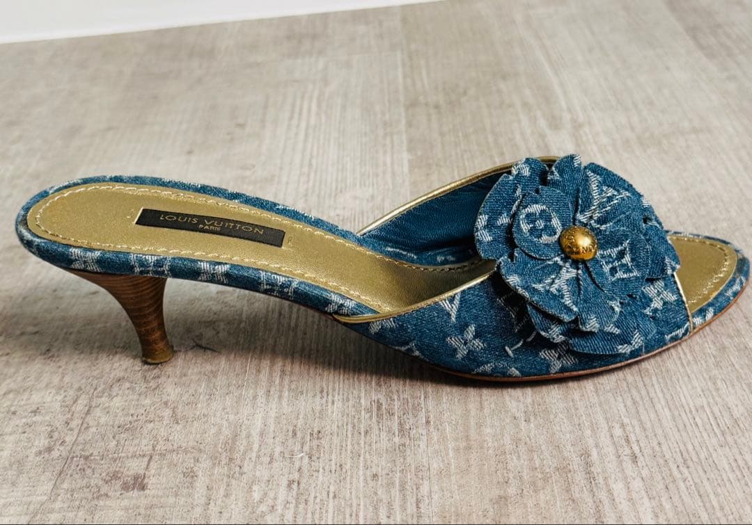■LOUIS VUITTON■替えヒール付き■デニム地モノグラムミュール■お花■