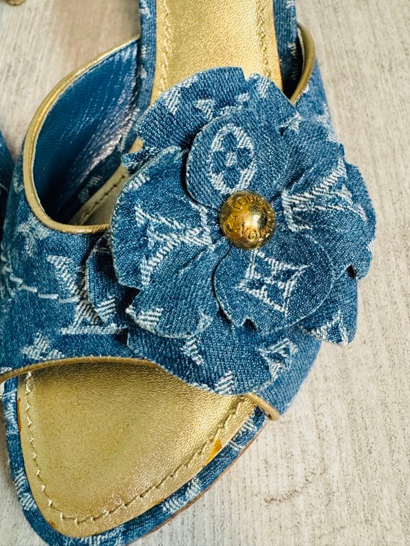 ■LOUIS VUITTON■替えヒール付き■デニム地モノグラムミュール■お花■