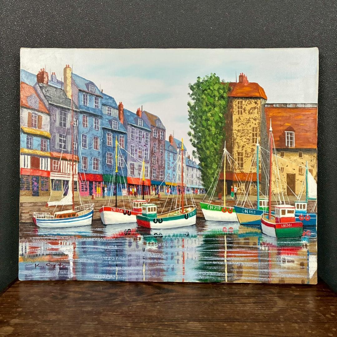 佐藤計「オンフルール」キャンバスに油彩画 F6 直筆サイン入 額装 フランス風景