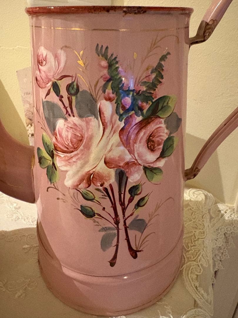 アンティークホーロー♡AUBECQ社ピンクバラ柄ホーローカフェティエール　希少❣️