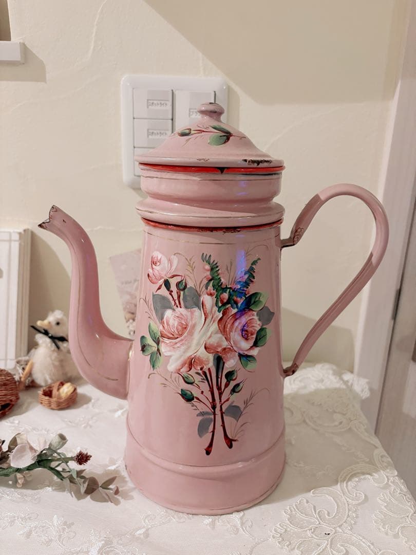 アンティークホーロー♡AUBECQ社ピンクバラ柄ホーローカフェティエール　希少❣️