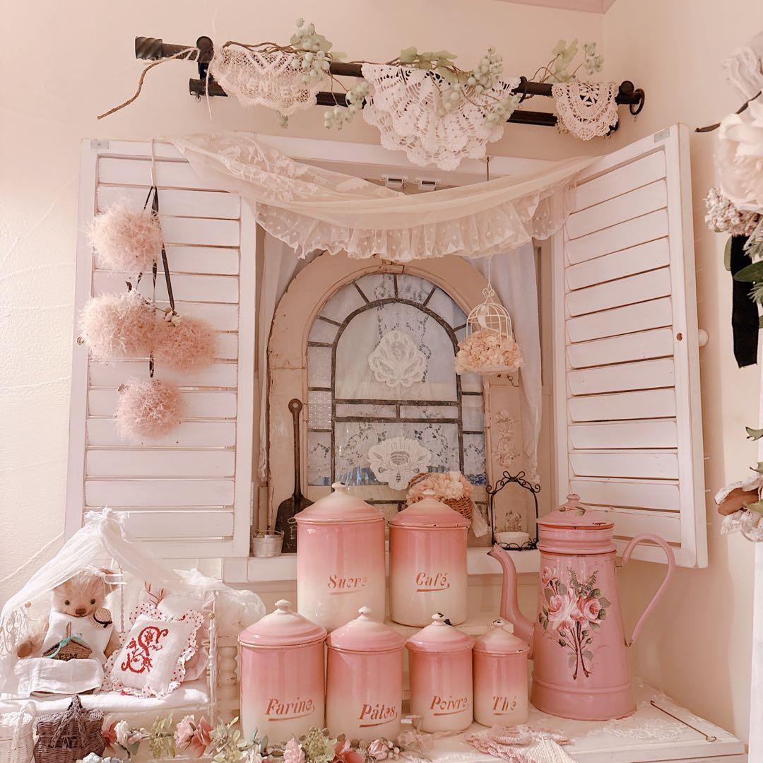 アンティークホーロー♡AUBECQ社ピンクバラ柄ホーローカフェティエール　希少❣️