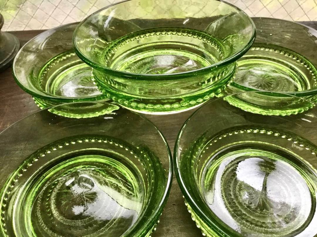 和ガラス◆ウランガラス / 小鉢 / ５個セット◆大正ロマン グリーン ボウル