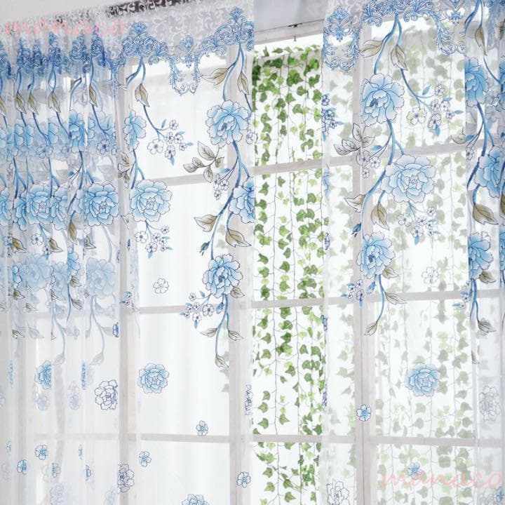 加工ひまわり＆ブルー ホワイト 洗濯可 ミラー レース のれん突っ張り棒