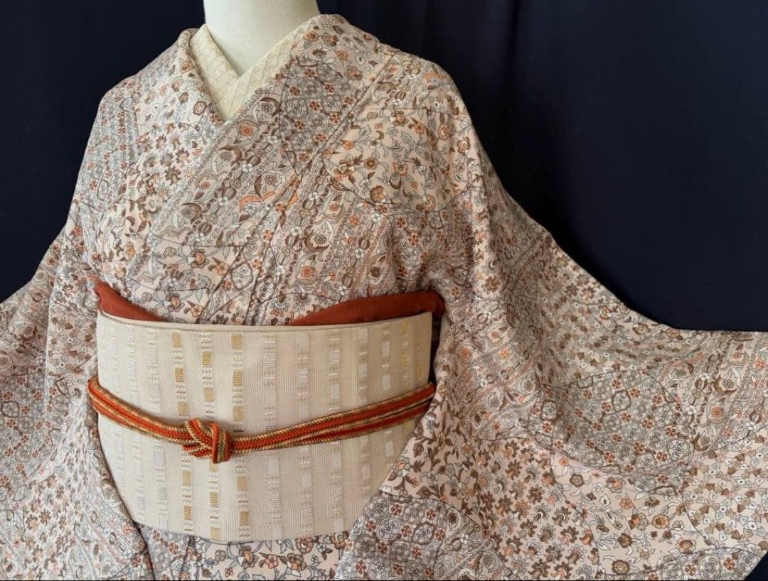 ★専用★ 【更紗小紋】更紗切り嵌め　細かな彫りの柄　洋草花菱文　しつけ付き