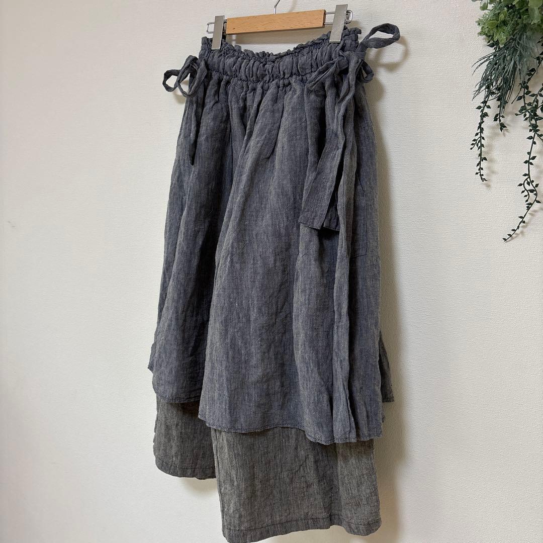 キャピタル リネン エプロン ガウチョ ワイドパンツ 総ゴム リボン ラップ