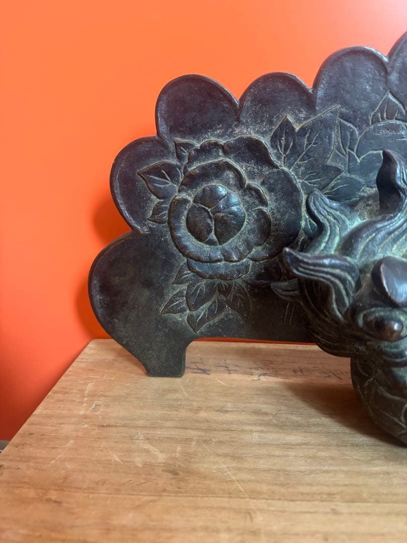 1737 名人　大国寿郎作　牡丹獅子置物　銅製　時代物