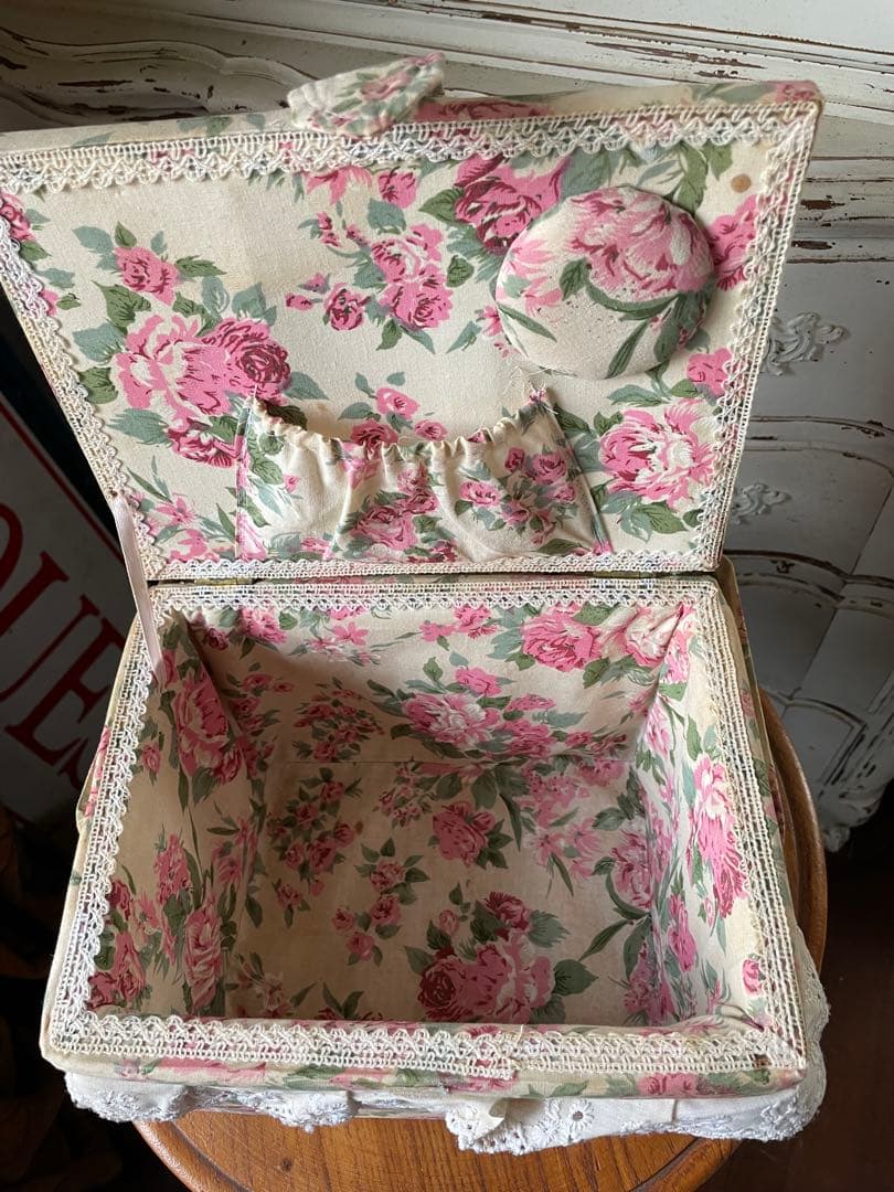 フランス　アンティーク　カルトナージュ　ボックス　収納箱　裁縫箱　ローズ　バラ