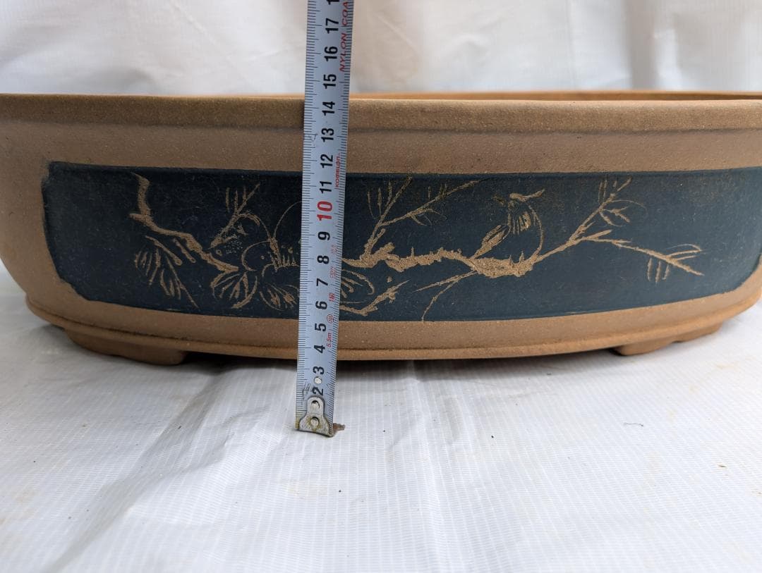 大型 盆栽鉢 楕円 絵鉢 約60cm 無銘 山水図 松柄 古鉢 盆栽用