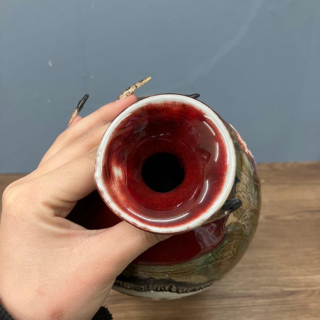 4F 名品 景徳鎮製 銘あり 大型花瓶 壺 浮彫 龍 鳳凰 三彩 伝統工芸