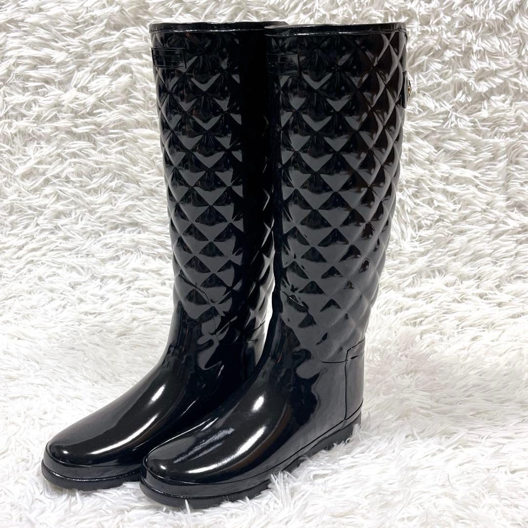 未使用級✨ハンター リファインドグロスキルトトールレインブーツ ブラック25cm