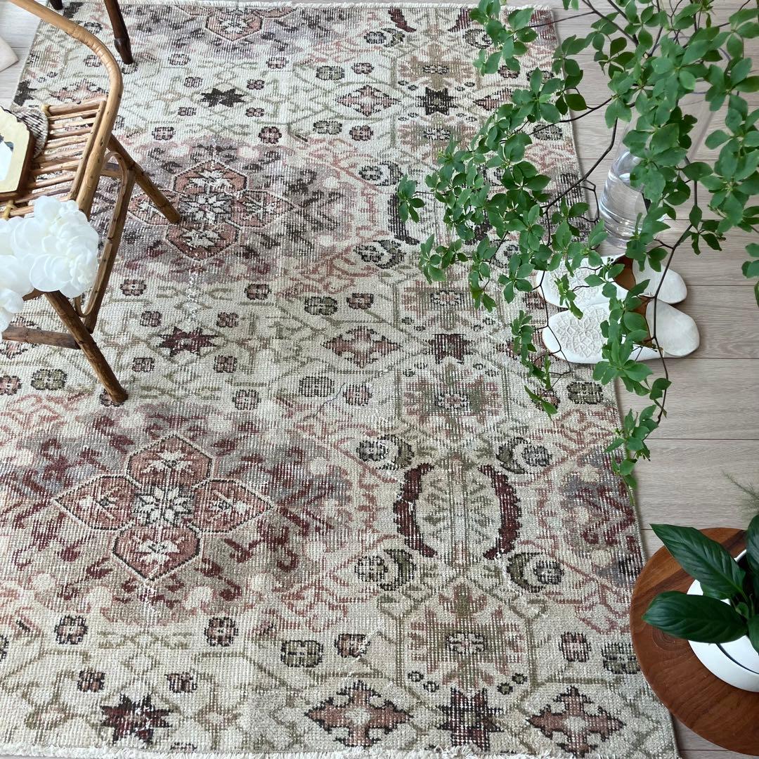 アールデコ調109×146✳︎モーブピンク　クローバー　トルコヴィンテージラグ