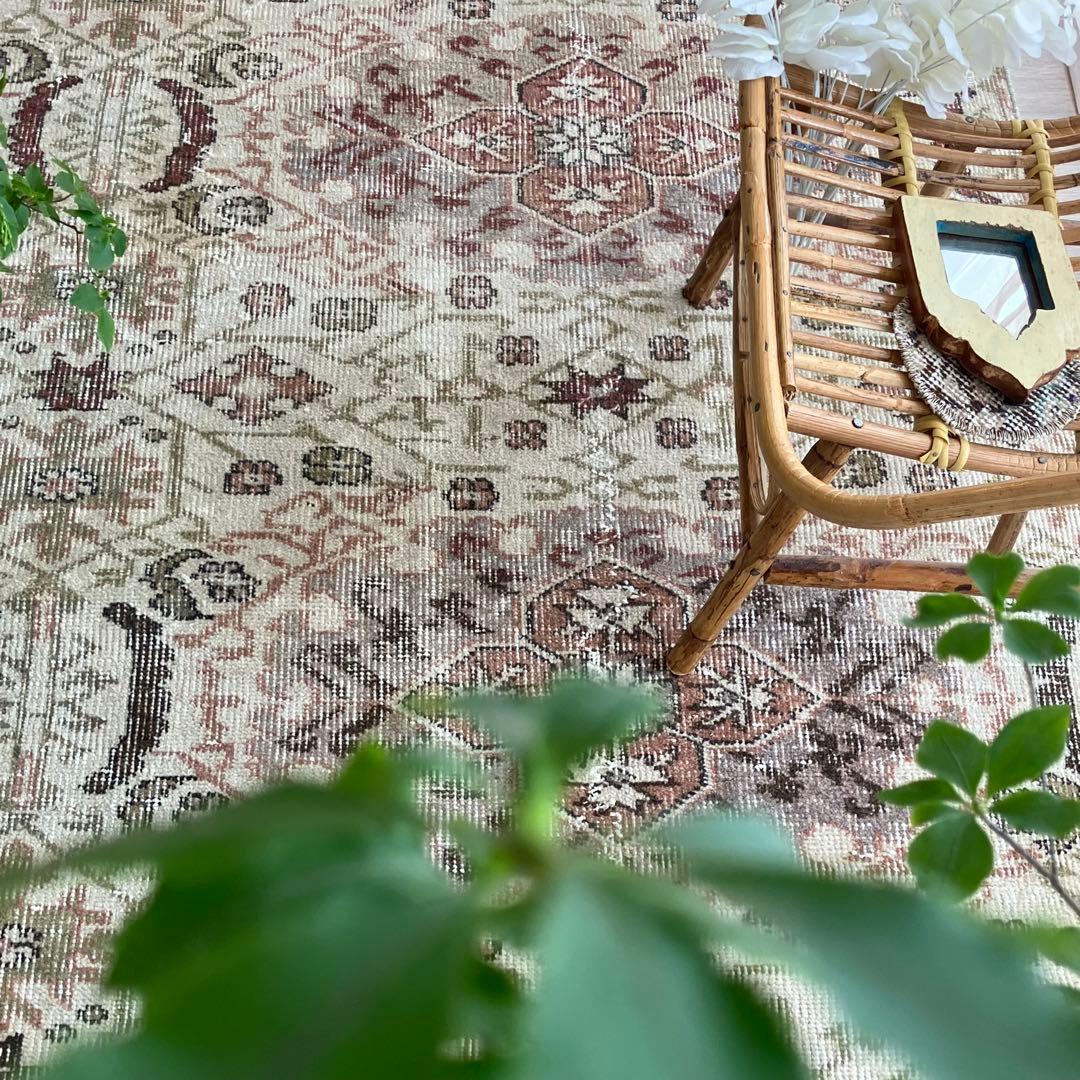 アールデコ調109×146✳︎モーブピンク　クローバー　トルコヴィンテージラグ