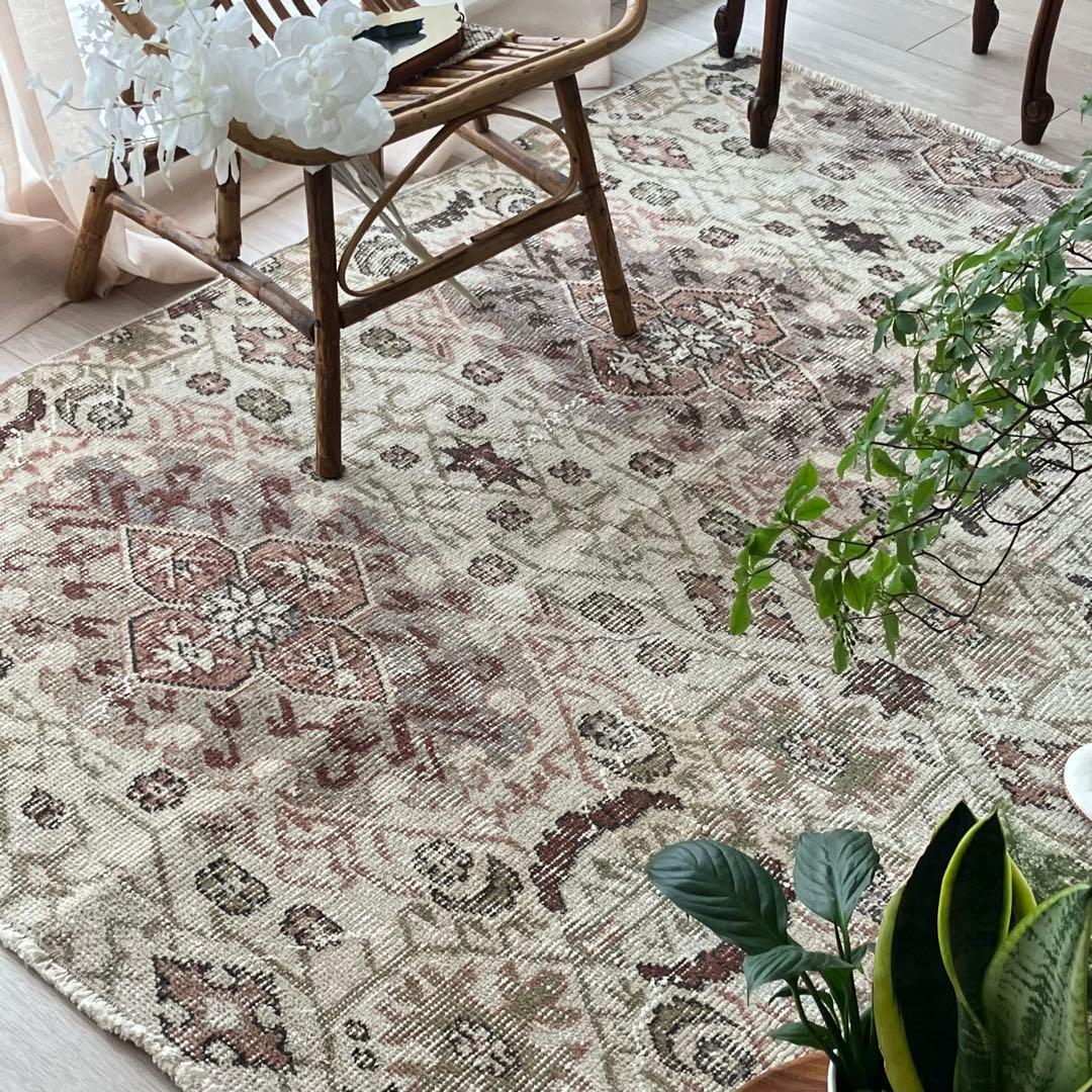 アールデコ調109×146✳︎モーブピンク　クローバー　トルコヴィンテージラグ