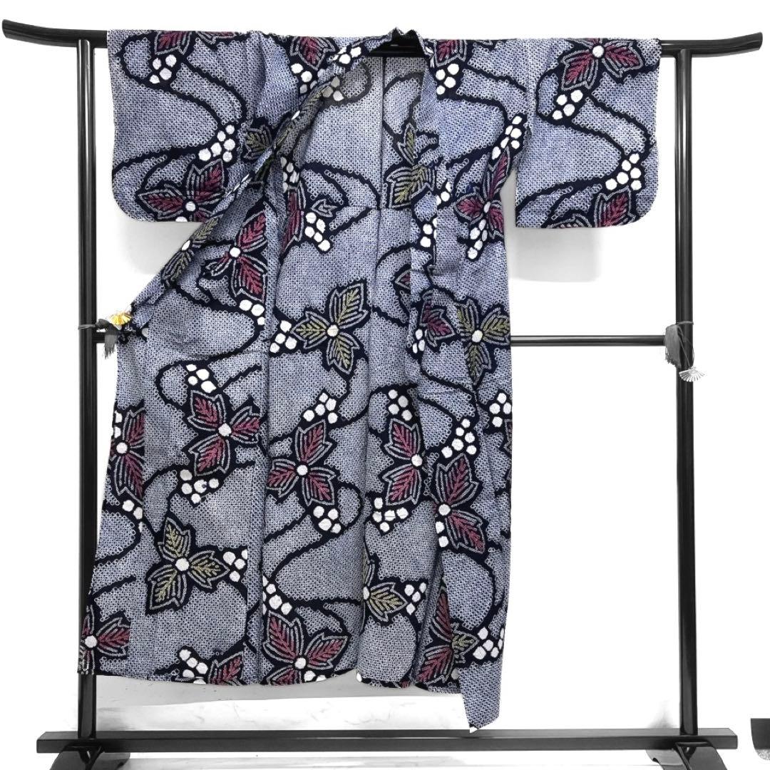 浴衣　有松鳴海絞り　葡萄　リーフ　流水　着物　063a d