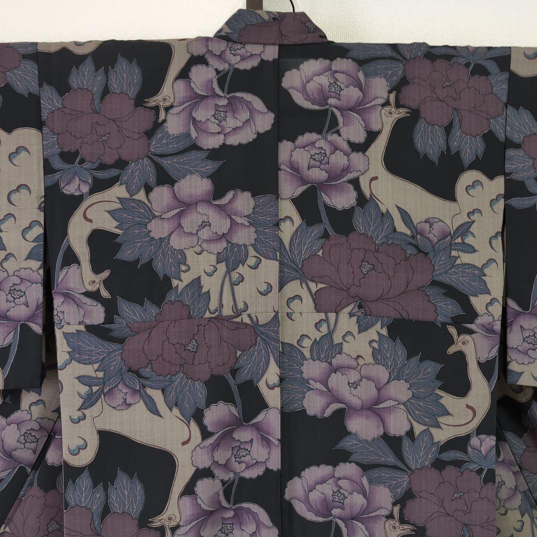 【三花】撫松庵　セオα　洗える着物　浴衣　単衣　孔雀　牡丹　リサイクル　リユース