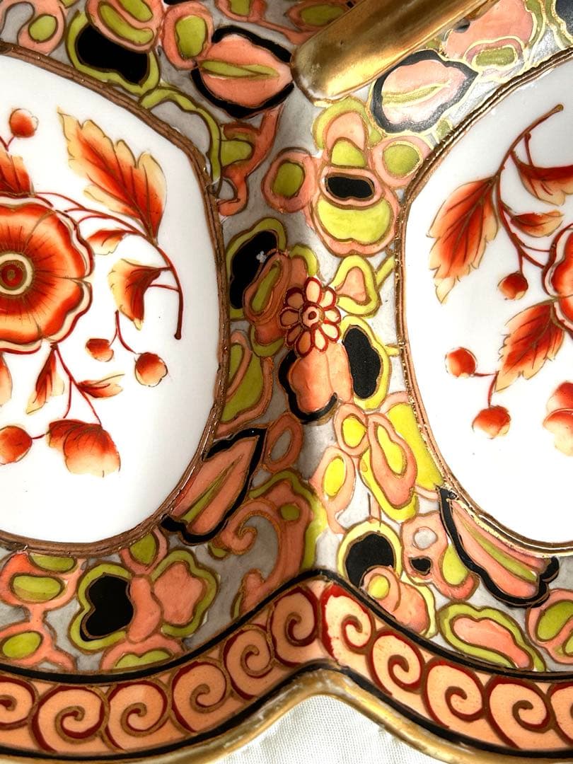 オールドノリタケ　大皿　ハンドル付き　手書き色絵　金彩金盛