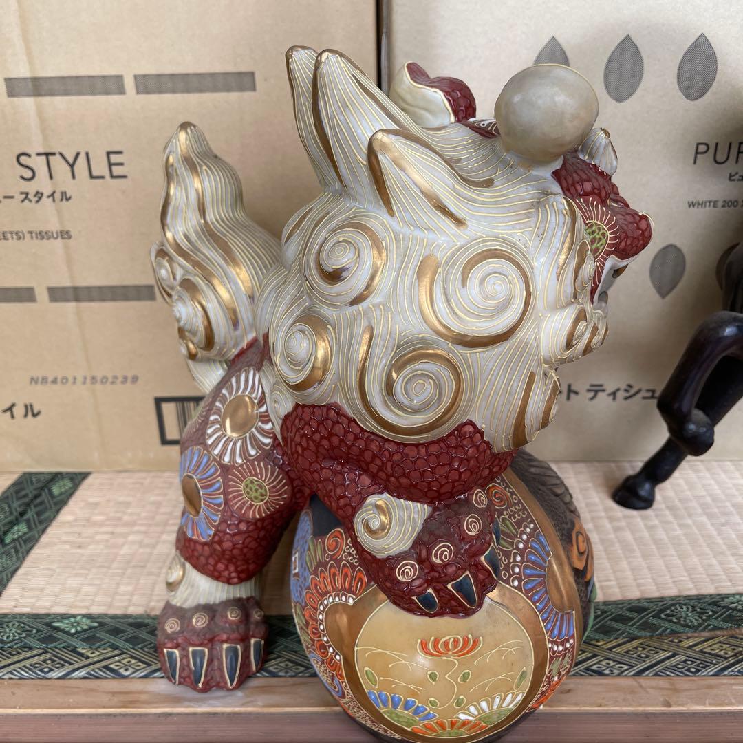 九谷焼 須栄義作 八幡窯 玉乗り獅子 約30cm 鷹図 金彩 置物