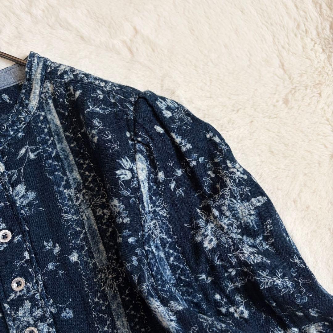 45R 二重織かごフラワーのアニーブラウス　インディゴ　シャツ　バンドカラー