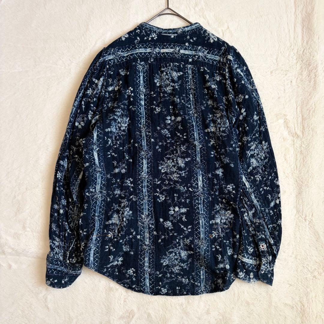 45R 二重織かごフラワーのアニーブラウス　インディゴ　シャツ　バンドカラー