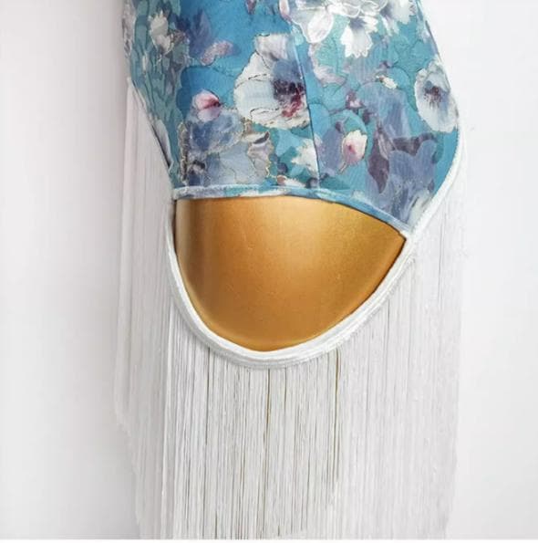 新作 社交ダンス衣装　ラテンワンピースドレス　花柄 ブルー オーダーメイド