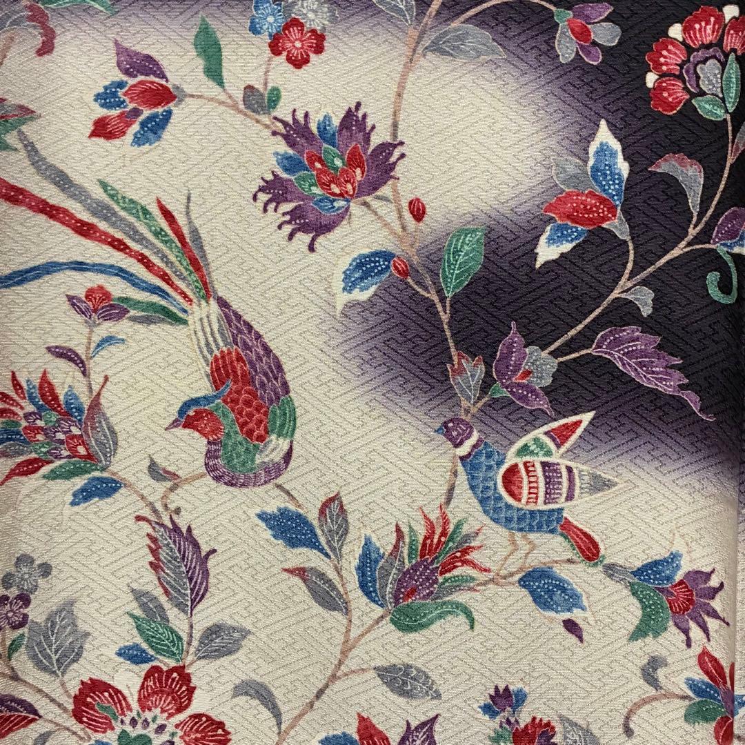 D194 訪問着　鳥　唐花　正絹　着物　袷　極美品