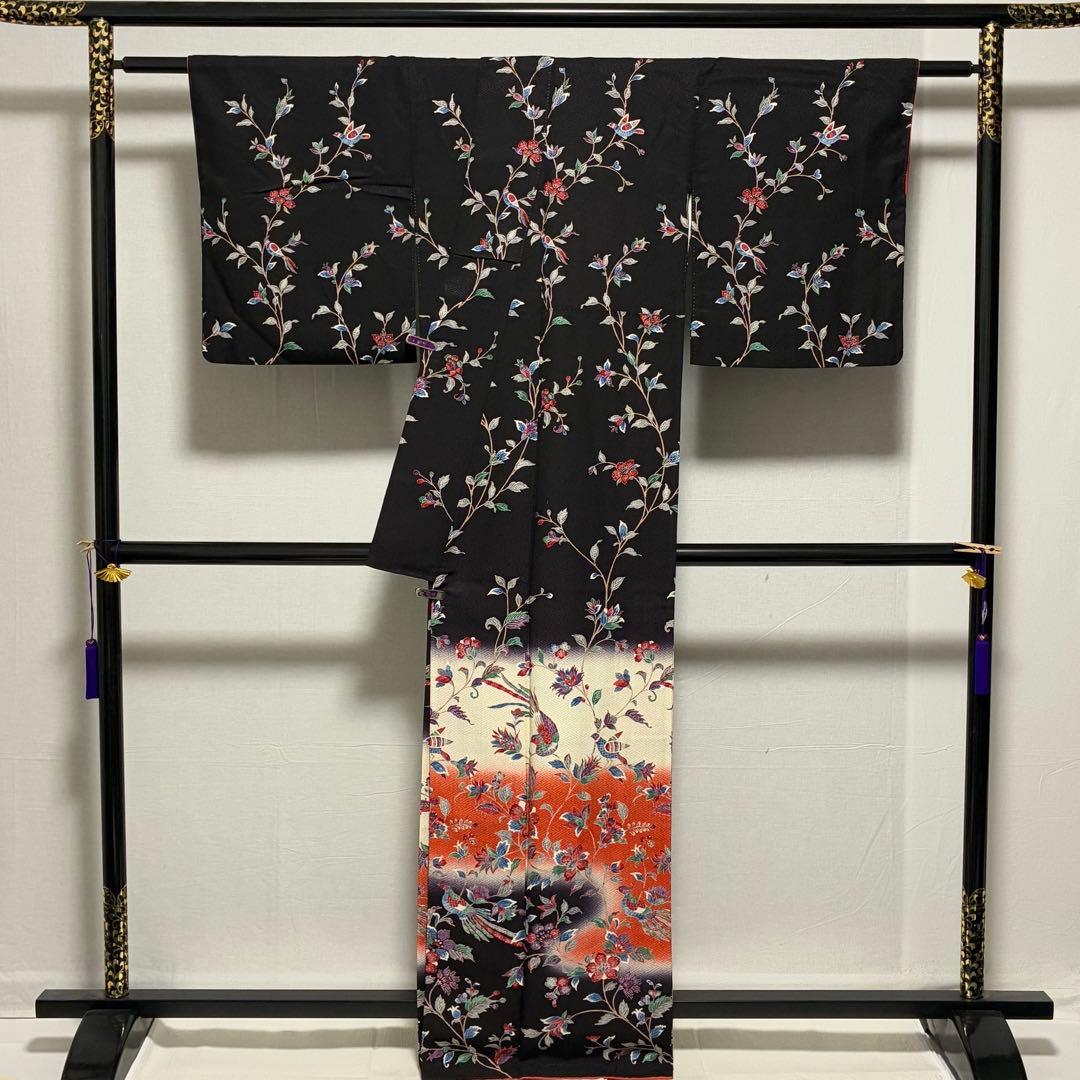 D194 訪問着　鳥　唐花　正絹　着物　袷　極美品