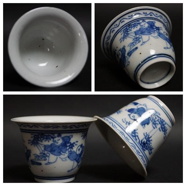 煎茶道具 清 古染付『唐子遊戯図』煎茶碗五客セット 端反口縁/☆時代物☆