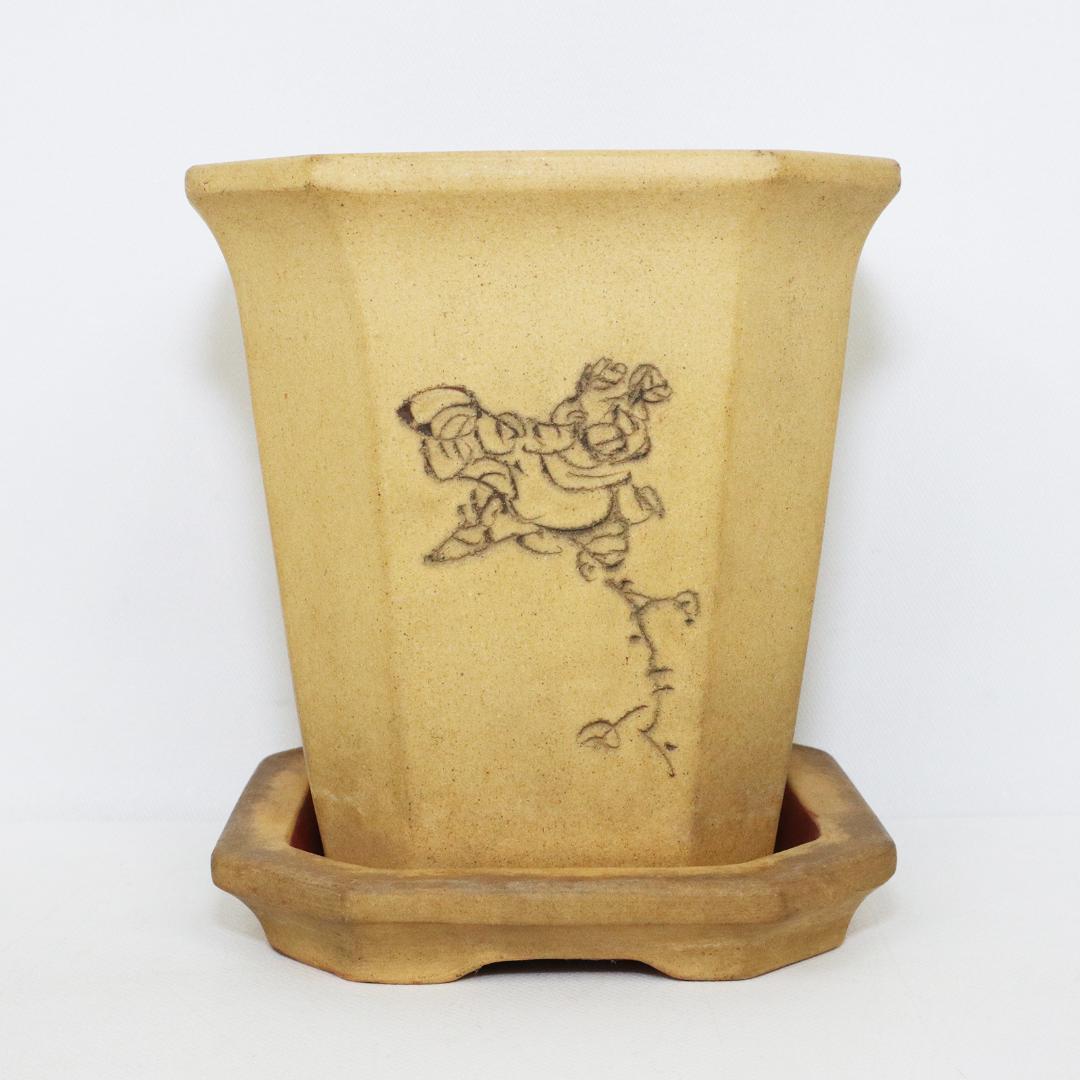 中国 唐物 古盆器 白泥釘彫絵梅花漢詩文