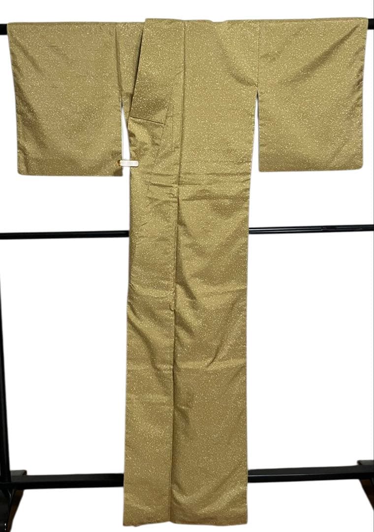 牛首紬 無地 正絹 叩き染め 共八掛 黄海松茶 美品 イ6492