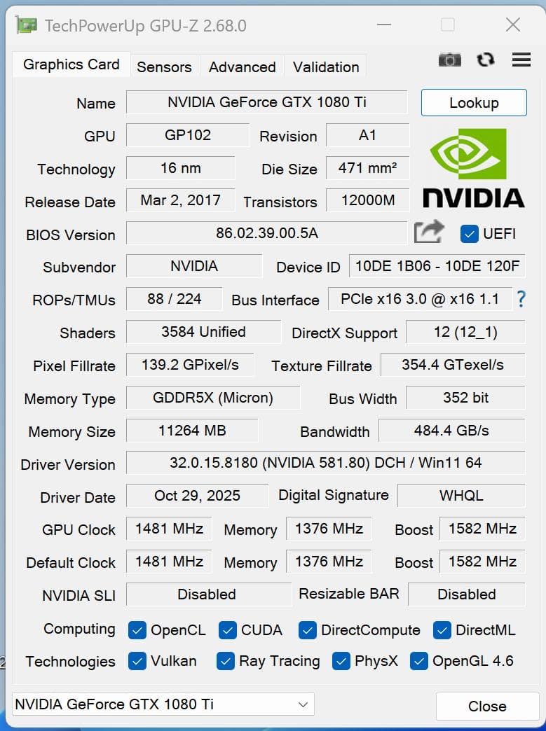 訳あり (対策済) 動作品 GeForce GTX1080Ti 11GB
