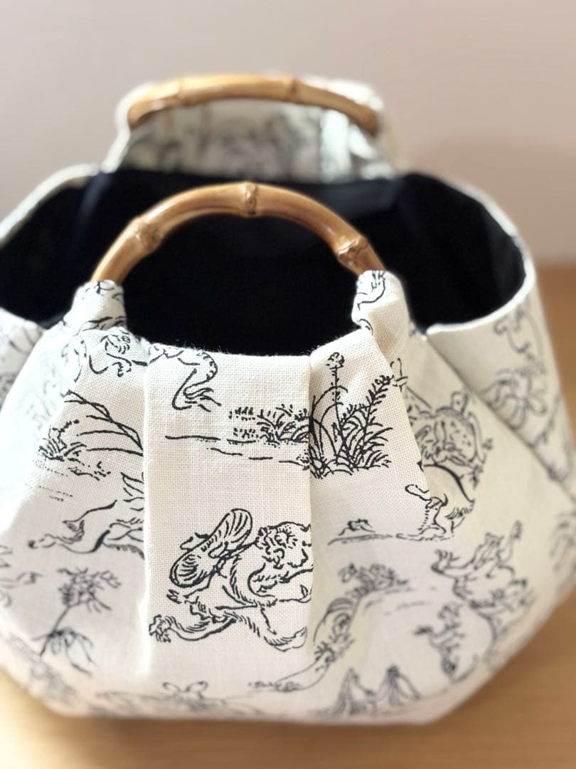 和装バック　着物バック和柄コットン生地・鳥獣戯画（アイボリー）入学卒業結婚式振袖