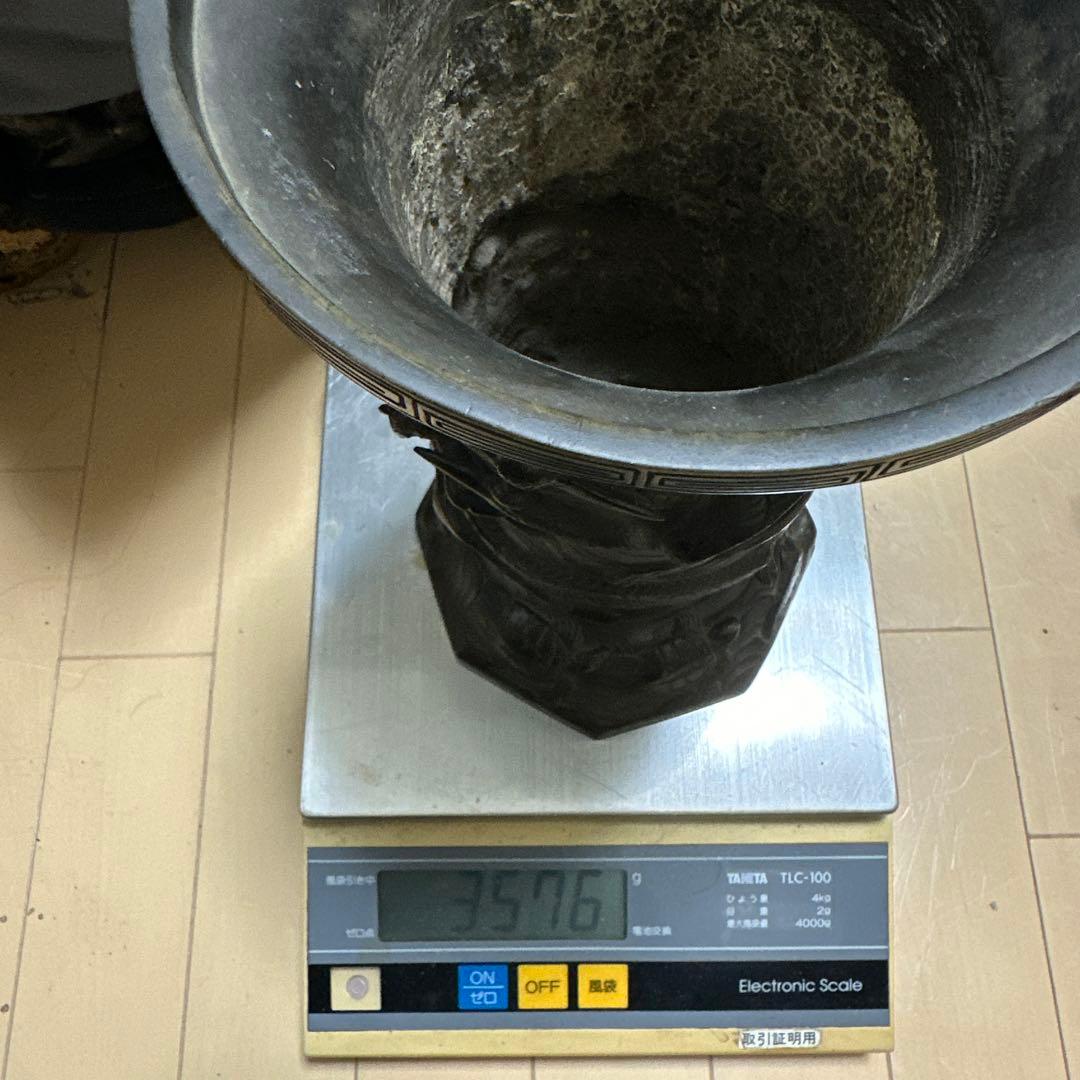 時代物 中国 日本 銅器 龍の置物 鶴亀 薄端 花器 金属工芸 花瓶 龍花瓶