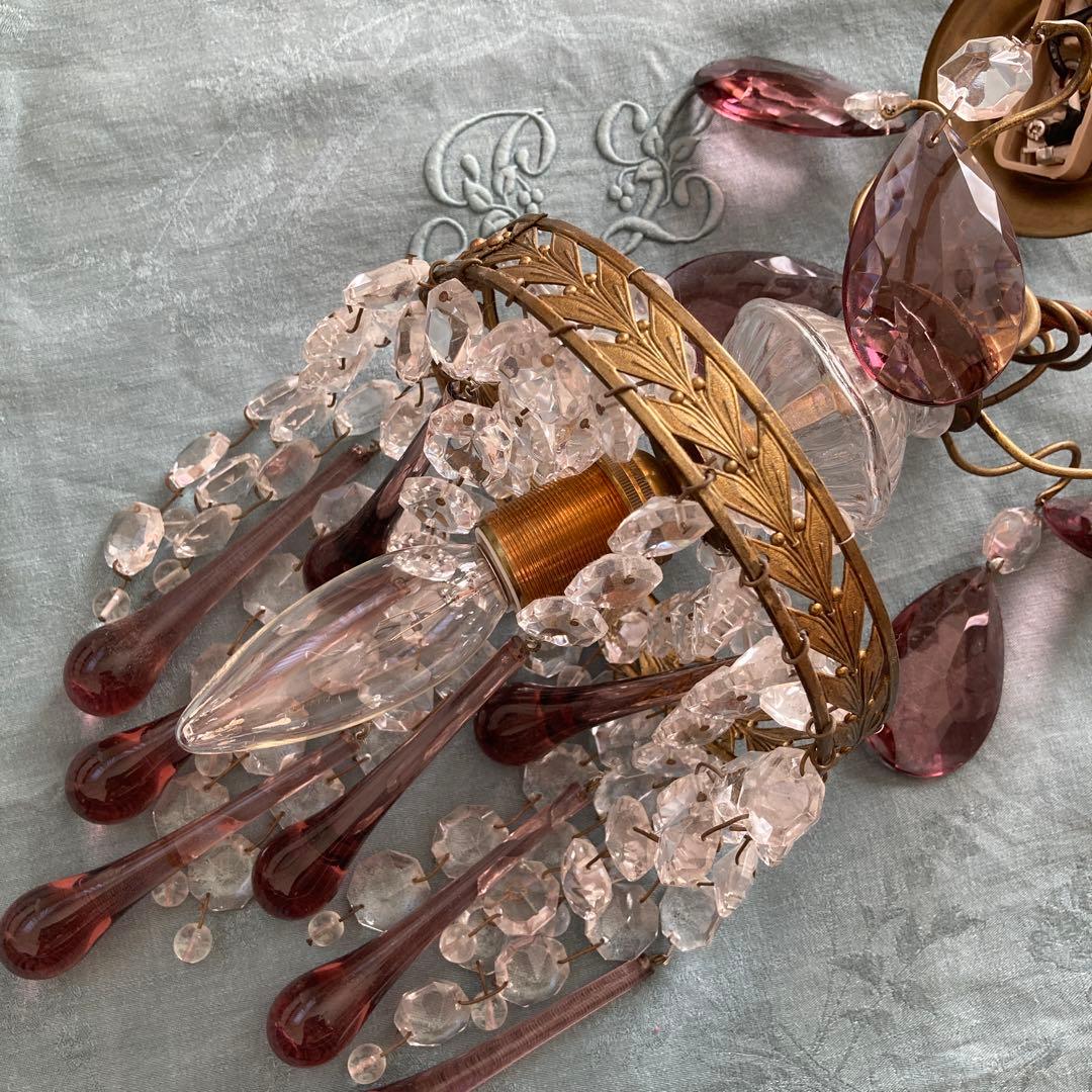 *訳あり クリスタルティアドロップ 1灯シャンデリア 薄紫 フランスアンティーク