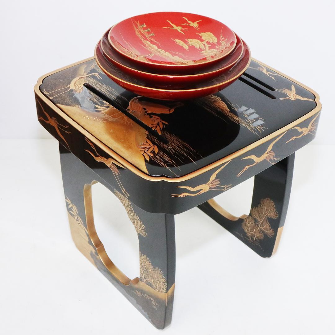 時代漆器 朱漆塗 鶴亀山水 松竹梅 縁起物 蒔絵 三ツ重盃 木製