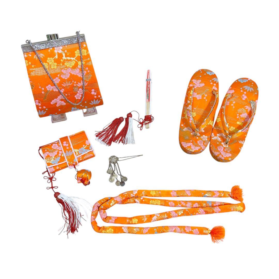 着物　七五三　7歳　女の子　13点　フルセット　オレンジ　御所車　花文　吉祥文様