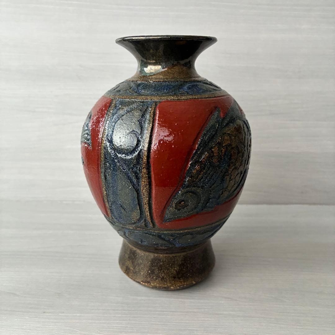 壺屋焼　小橋川清正　赤絵　魚紋　花瓶　沖縄　花器　インテリア　壺　工芸品