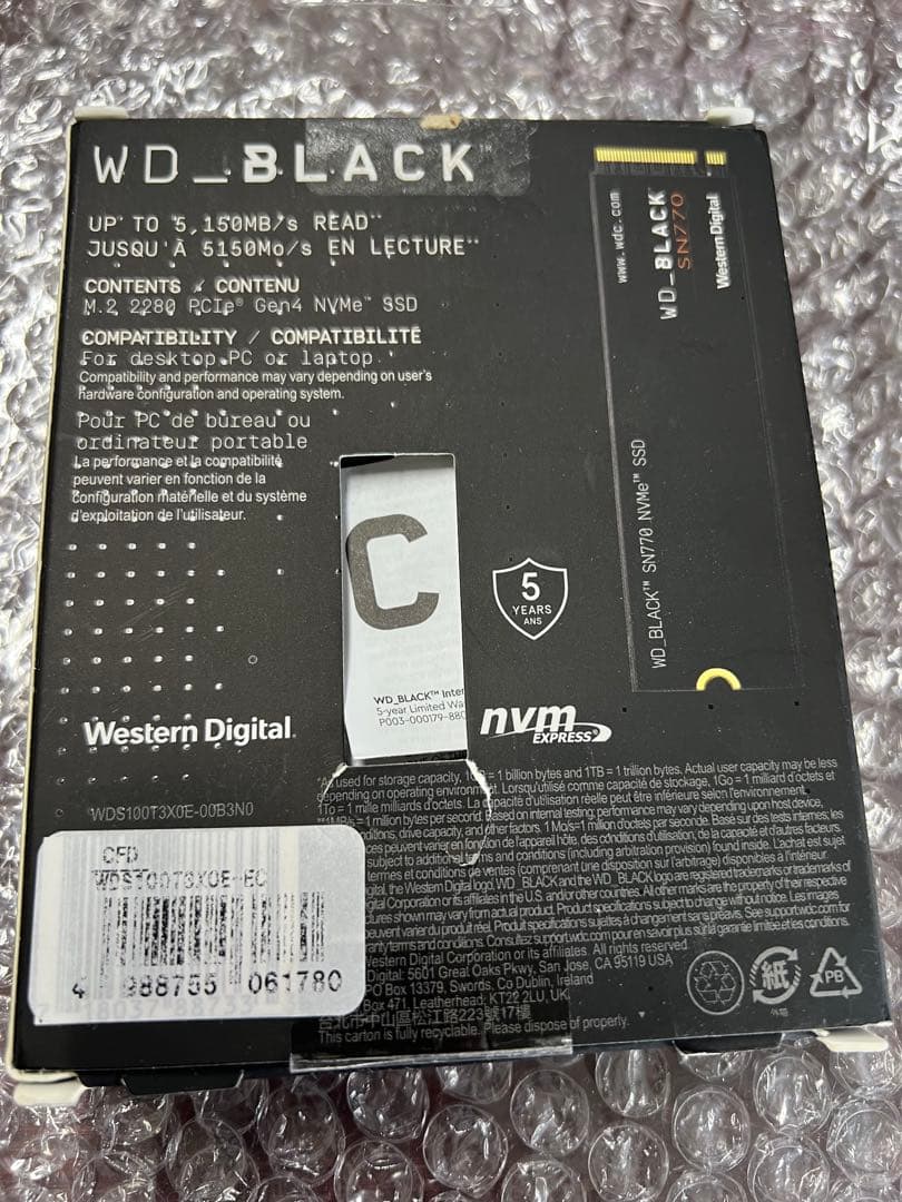 内蔵型SSD WD_BLACK SN770 1TB NVMe SSD WDS100T3X0E