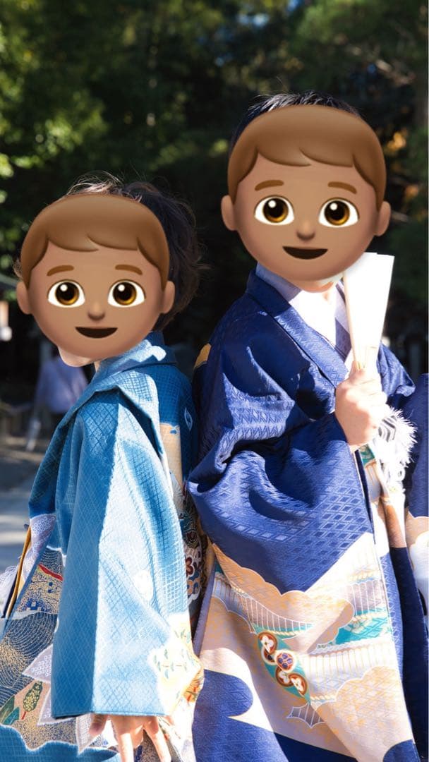 子供用 兜　刺繍 和装 青色　兄弟　リンクコーデ