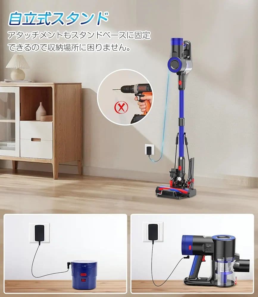 コードレス掃除機 600W サイクロン式 3段吸引力 60分間連続稼働