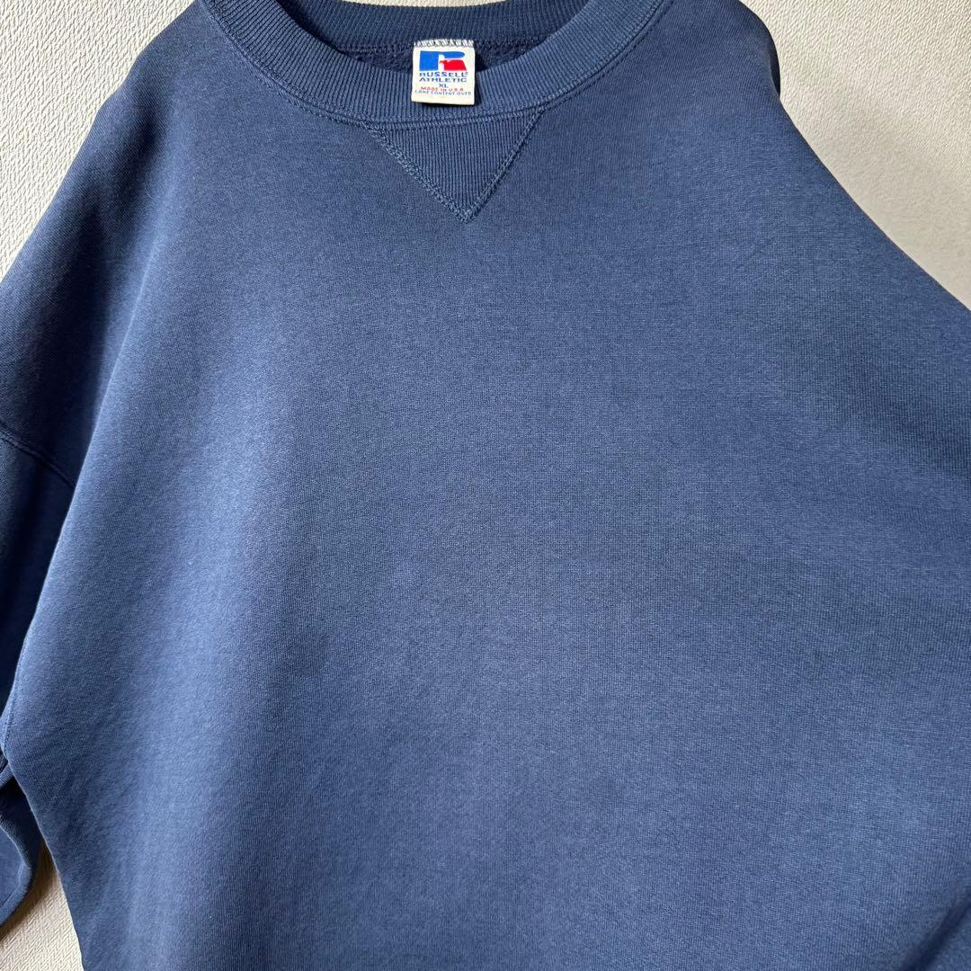 軍*手様 希少 90s USA製 RUSSELL PLAIN 無地 前V ネイビ