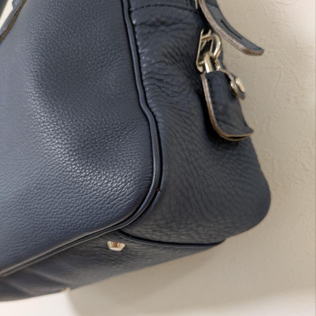 madam H マダムエイチ本革レザー ボストンバッグ ネイビー青系 シボ革