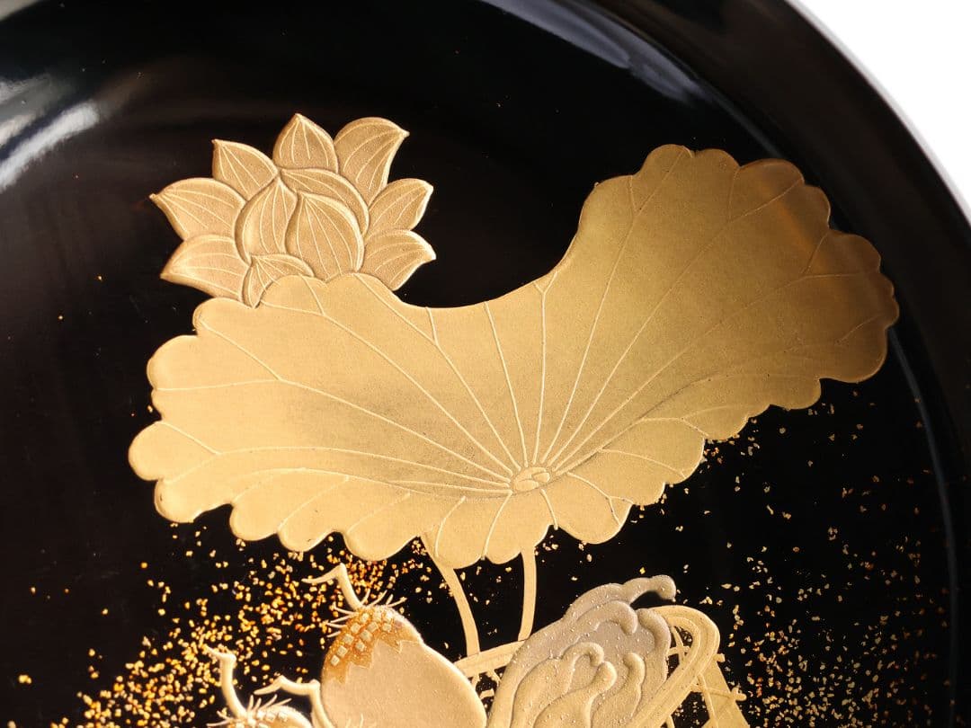 【CM412】天然木漆塗 加賀蒔絵 蓮と野菜金蒔絵 黒煮物椀 三客 漆器 昭和期