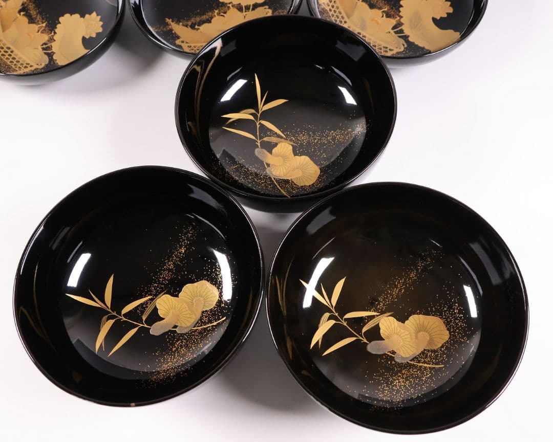 【CM412】天然木漆塗 加賀蒔絵 蓮と野菜金蒔絵 黒煮物椀 三客 漆器 昭和期