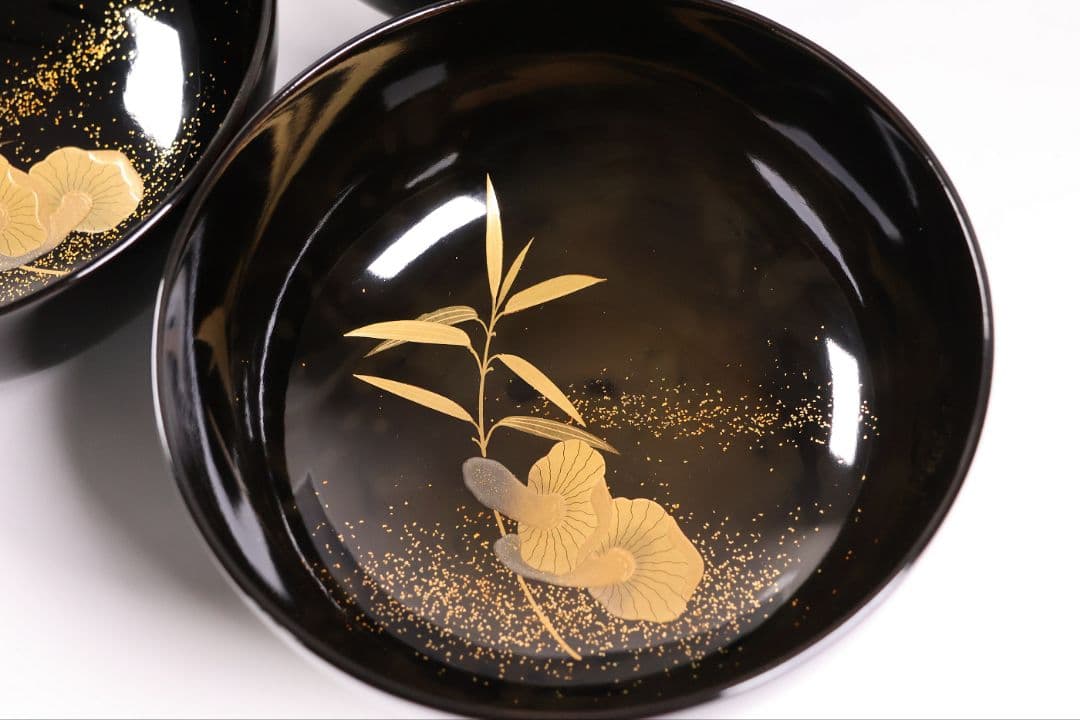 【CM412】天然木漆塗 加賀蒔絵 蓮と野菜金蒔絵 黒煮物椀 三客 漆器 昭和期