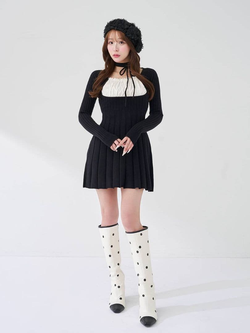 ダーリッチ ネックリボンデザインフレアニットミニワンピース 新品タグ付き