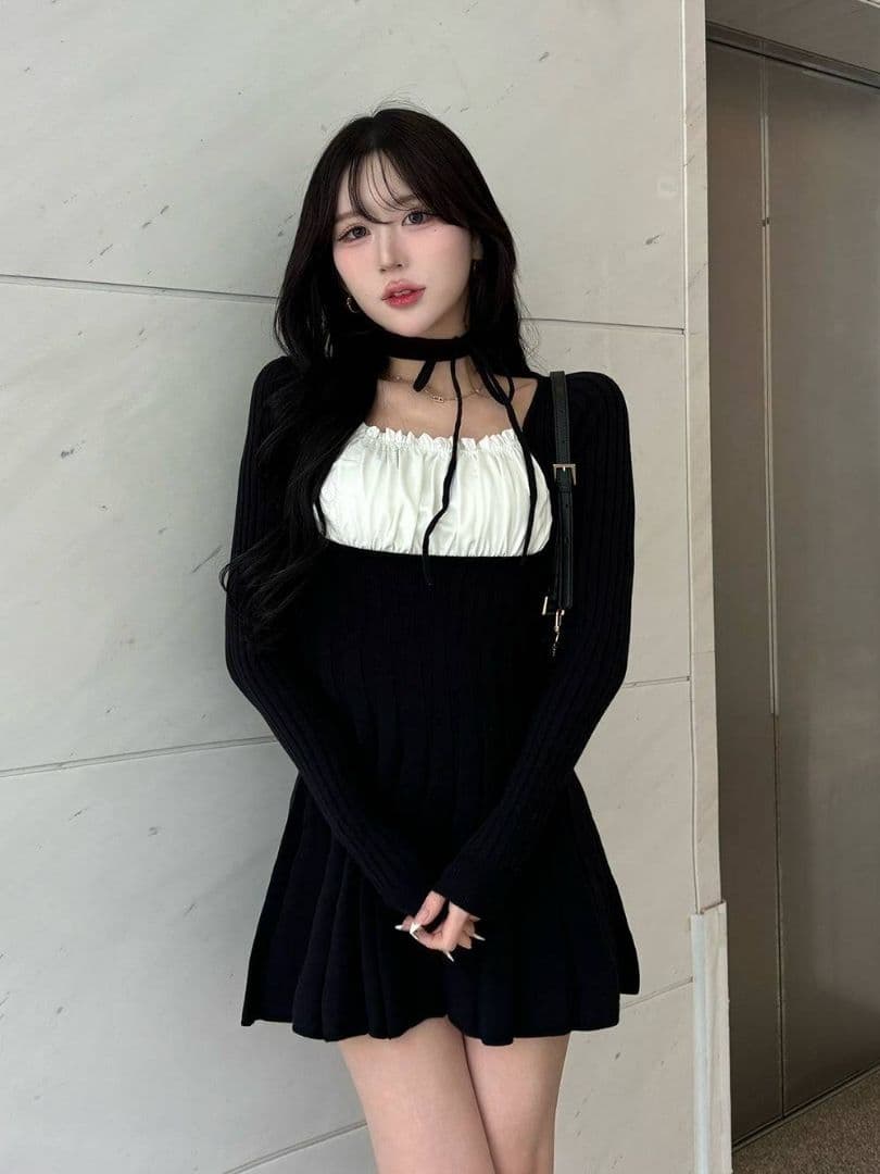 ダーリッチ ネックリボンデザインフレアニットミニワンピース 新品タグ付き