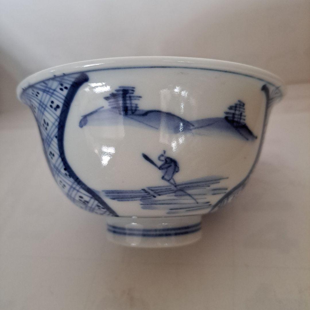 江戸中期　盛化年　薄焼　反縁　白磁椀　染付青磁　縦三割文　古伊万里染付